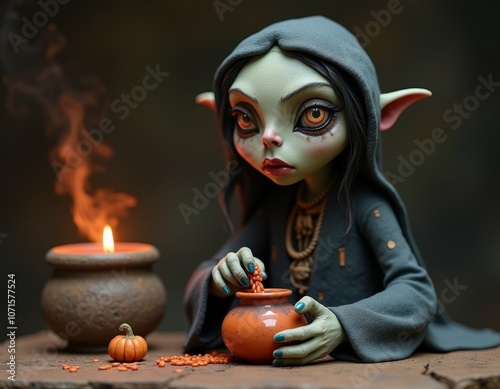 Witch making a potion. Clay...