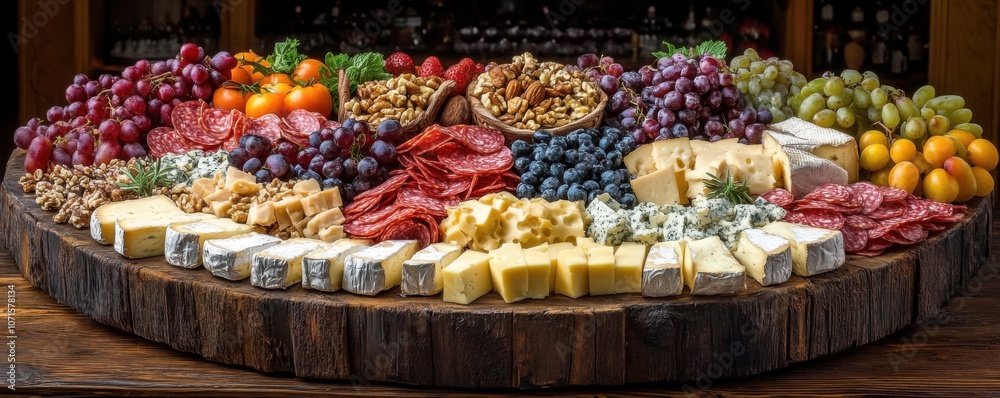 Obraz premium Gourmet Cheese Platter with Mixed Nuts, Vibrant Fruits, and Salami, Perfect for Entertaining Guests
