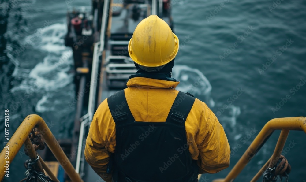 Fototapeta premium Worker Observing Offshore Oil Rig Operations