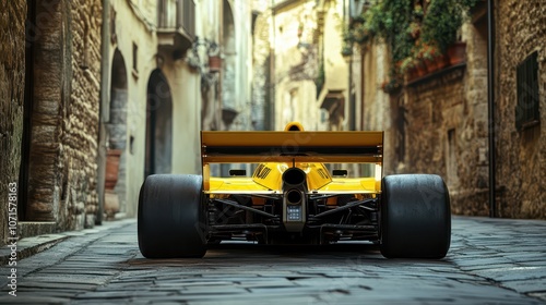 Crouching Yellow F1 Car in Medieval Italian Town: Tight Focus on Rear Wing and Diffuser, Cinematic Vignetting, and 10K Resolution.