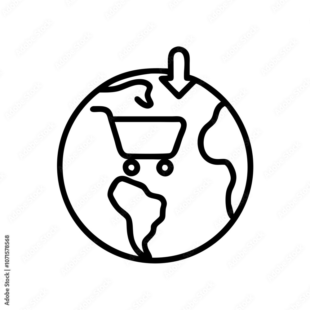 Obraz premium Global shopping cart icon on Earth outline in black