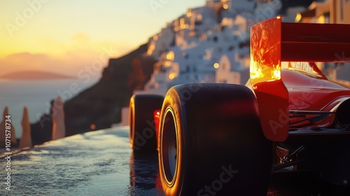 Fiery Red F1 Car in Santorini: Detailed Backview of Rear Wing at Golden Hour, Ultra HD 16K Capture of Scenic Cliffside.