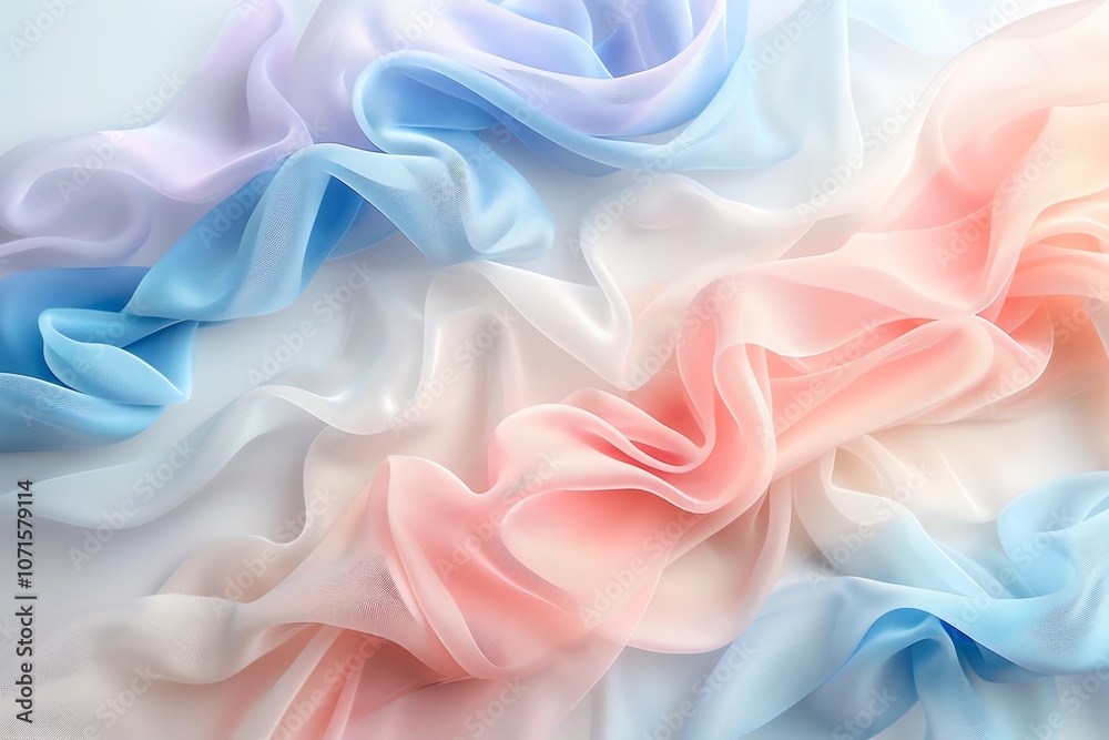 Fototapeta premium Soft pastel pink, blue, and white fabric with flowing and wavy patterns.