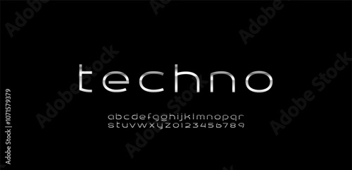 Chrome digital font, cyber alphabet made future style, silver letters A, B, C, D, E, F, G, H, I, J, K, L, M, N, O, P, Q, R, S, T, U, V, W, X, Y, Z and numerals 0, 1, 2, 3, 4, 5, 6, 7, 8, 9
