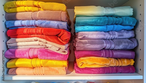 Stack of folded colorful clothes on white wardrobe shelf at home.