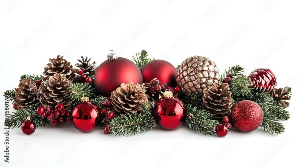 Crafted Christmas ornaments and pinecones create a festive atmosphere against a clean white background. This arrangement of Christmas ornaments and pinecones allows for plenty of copy space. Crafted Christmas ornaments and pinecones create a festive atmosphere against a clean white background. This arrangement of Christmas ornaments and pinecones allows for plenty of copy space.