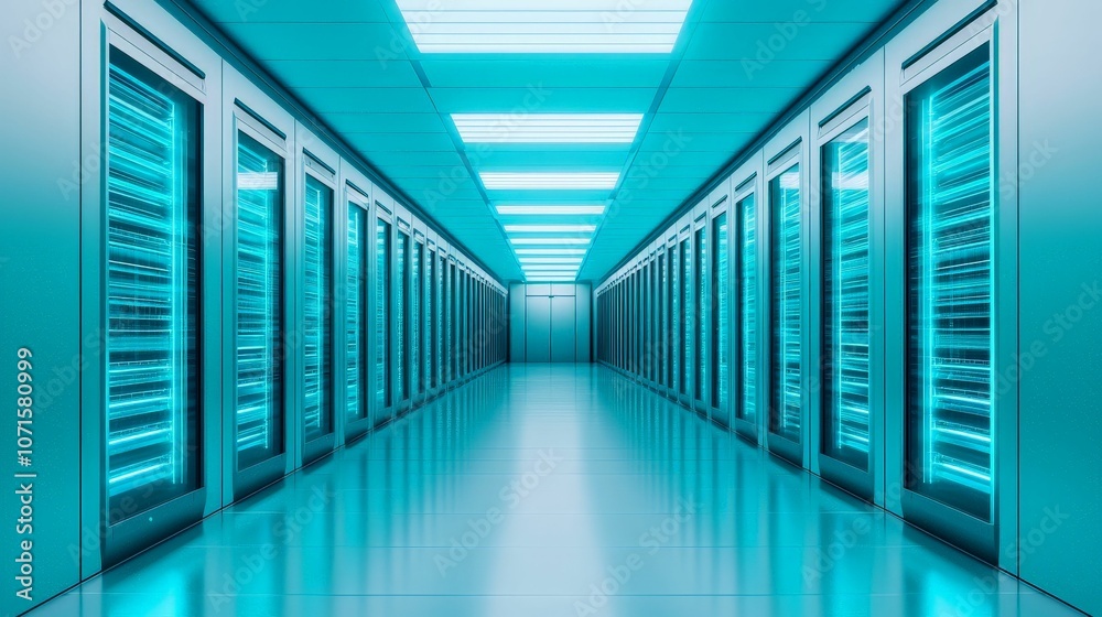 Fototapeta premium A futuristic data center with rows of servers illuminated in blue light, showcasing advanced technology and a sleek design.