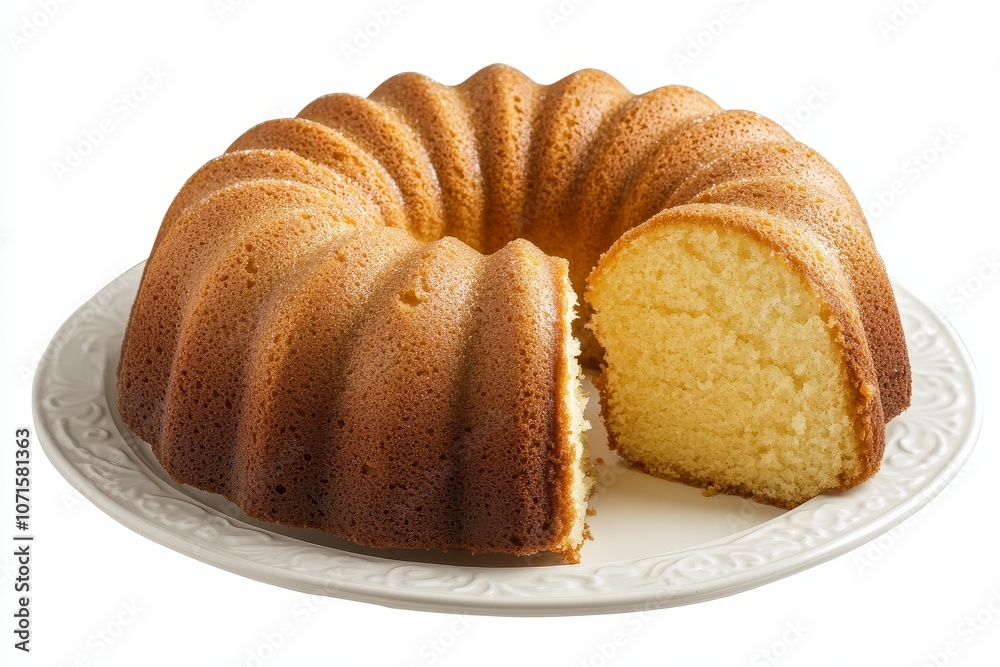 A sliced cake on a white plate. A sliced cake on a white plate.