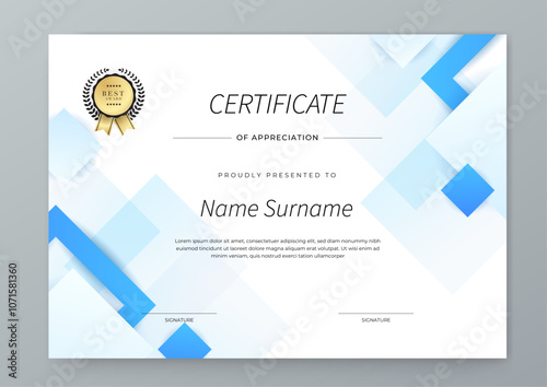 Blue Certificate Template For Appreciation and Achievement. Features geometric shapes and award icons, perfect for professional or educational achievements