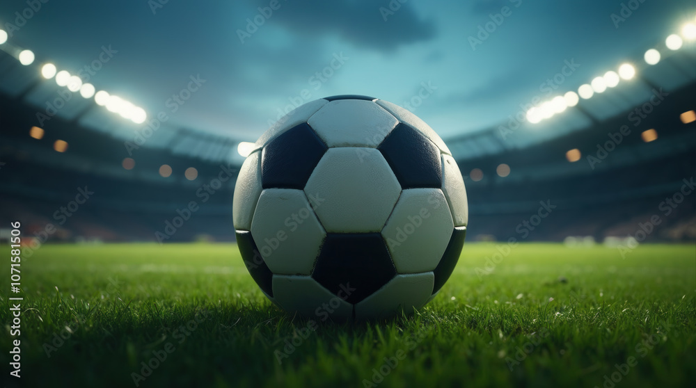 Fototapeta premium Soccer ball resting on lush green field in illuminated stadium