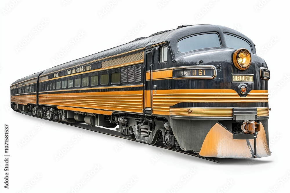 Fototapeta premium Black and gold passenger train on tracks.
