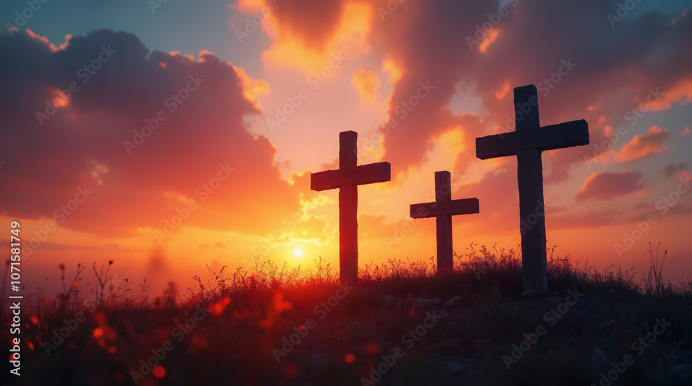 Three crosses standing on hilltop during sunset, symbolizing christianity and faith Three crosses standing on hilltop during sunset, symbolizing christianity and faith