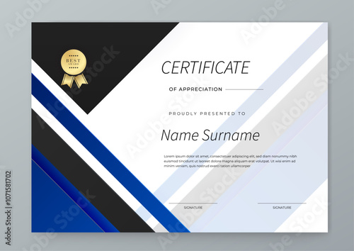 Blue Certificate Template For Appreciation and Achievement. Features geometric shapes and award icons, perfect for professional or educational achievements