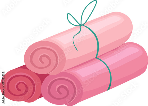 Neatly stacked pink towels tied with a green ribbon on a white background, perfect for spa, relaxation, or hygiene concepts