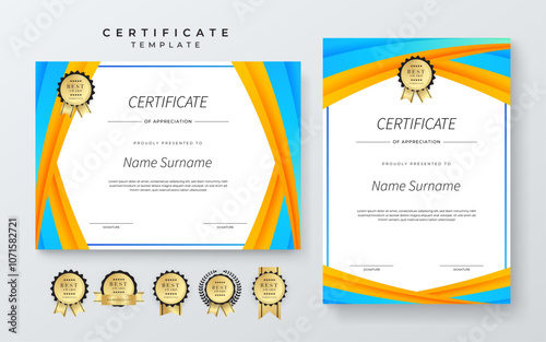 Colorful Geometric Shape Certificate Template For Appreciation and Achievement. Features geometric shapes and award icons, perfect for professional or educational achievements