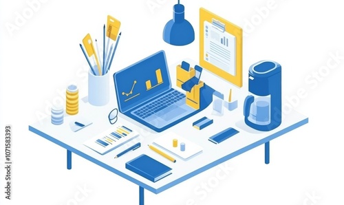 simple Isometric infographic of a businesspersonsitting at a desk, working with laptop and marketing materials. photo