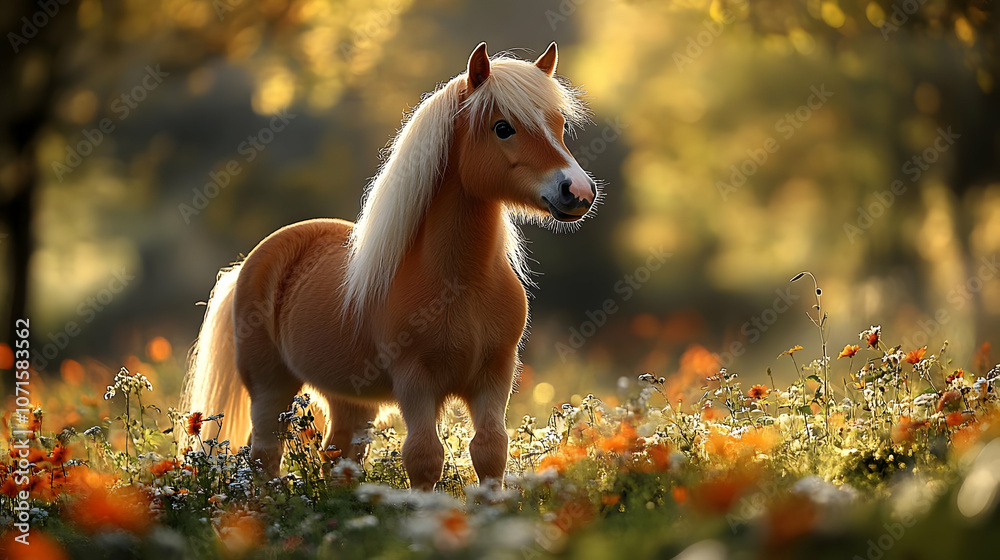 Fototapeta premium Golden Horse in a Field of Flowers - Realistic Image