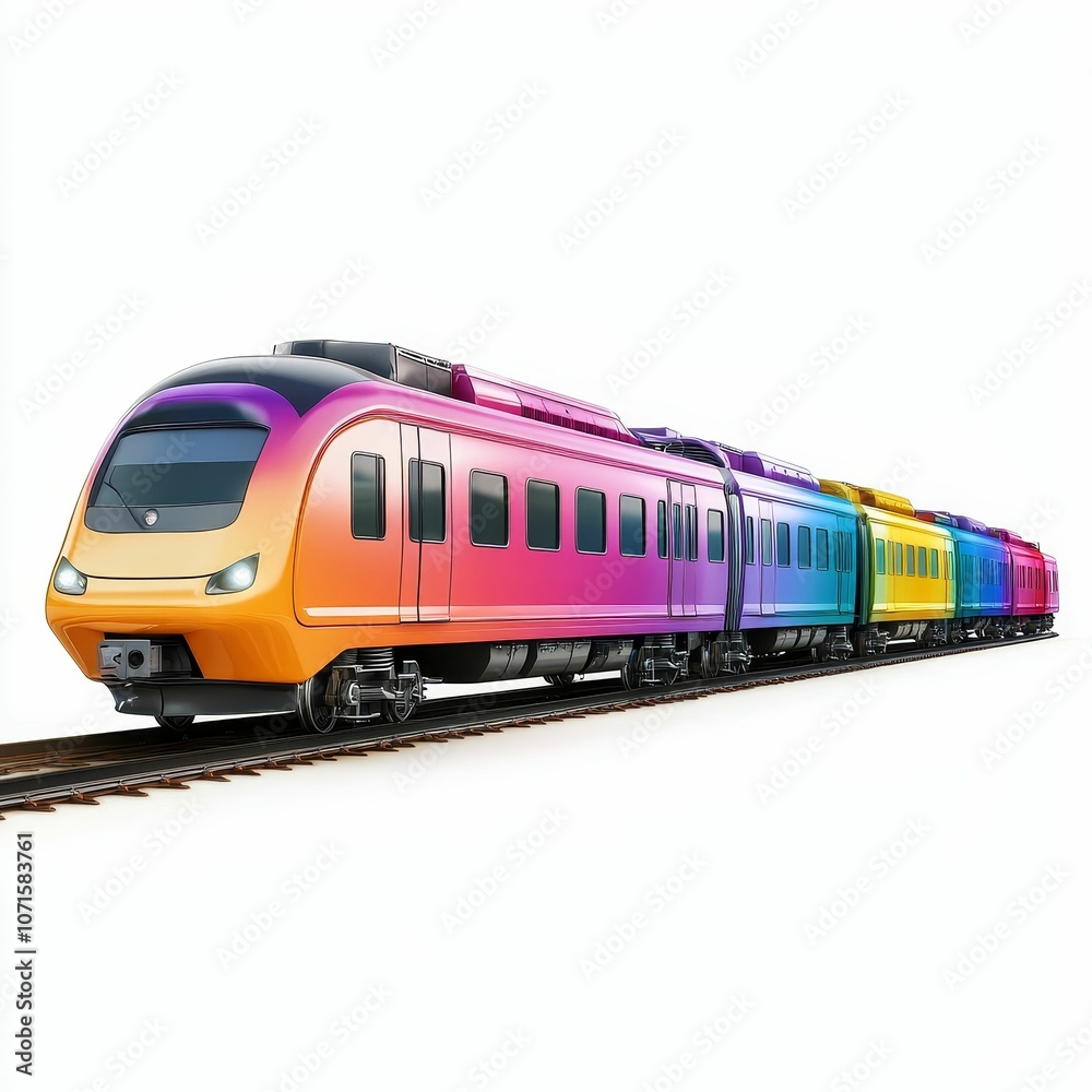 Naklejka premium Rainbow train on tracks against white background.
