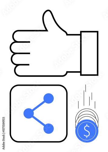 Thumbs up hand gesture, share icon, and falling coins with dollar sign. Ideal for social media, user engagement, online sharing, financial success, digital marketing, rewards programs app