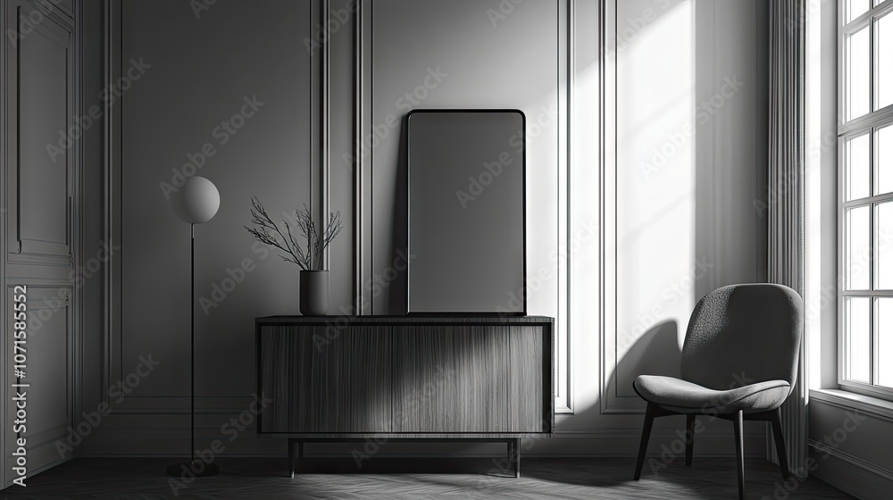 Minimalist bedroom in simple grayscale offers a high ceiling design. This modern interior includes a wooden sideboard and a mirror cabinet against stylish wall paneling, adding elegance. Minimalist bedroom in simple grayscale offers a high ceiling design. This modern interior includes a wooden sideboard and a mirror cabinet against stylish wall paneling, adding elegance.
