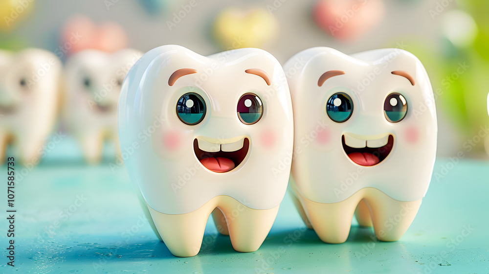 Obraz premium Cheerful smiling tooth characters: bright and playful dental concept on turquoise background