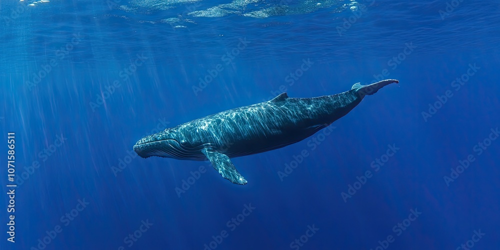 Fototapeta premium A magnificent whale swims effortlessly through the pristine, clear waters below the surface. This stunning display of deep sea exploration reveals the beauty of ocean life in awe inspiring moments.