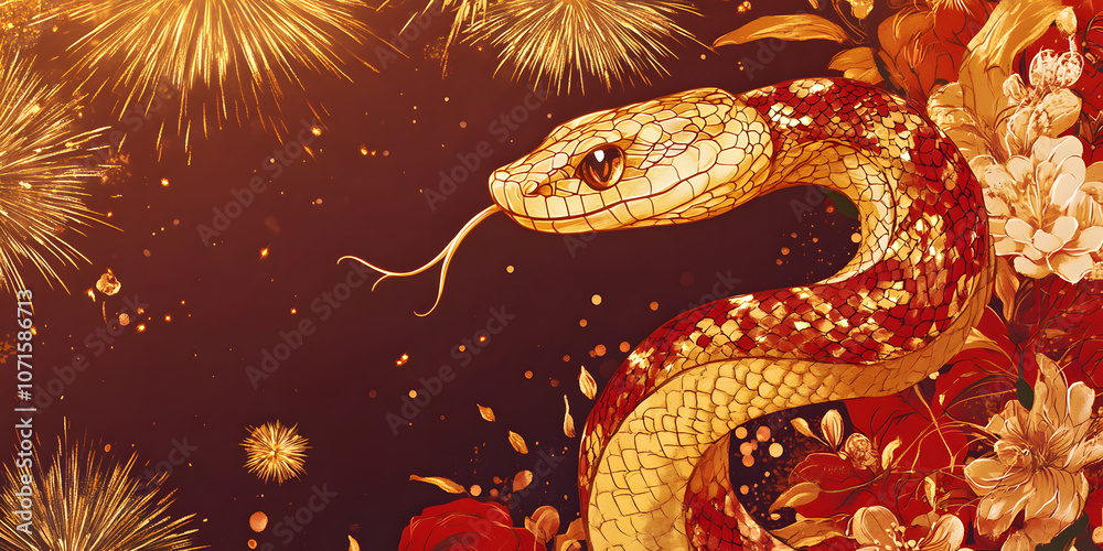 Fototapeta premium Gorgeous and luxurious Chinese Year of the Snake hand-painted artwork, illustration, wallpaper, commercial poster, poster, background, Chinese New Year, snake, year of the snake, 2025, zodiac，gold