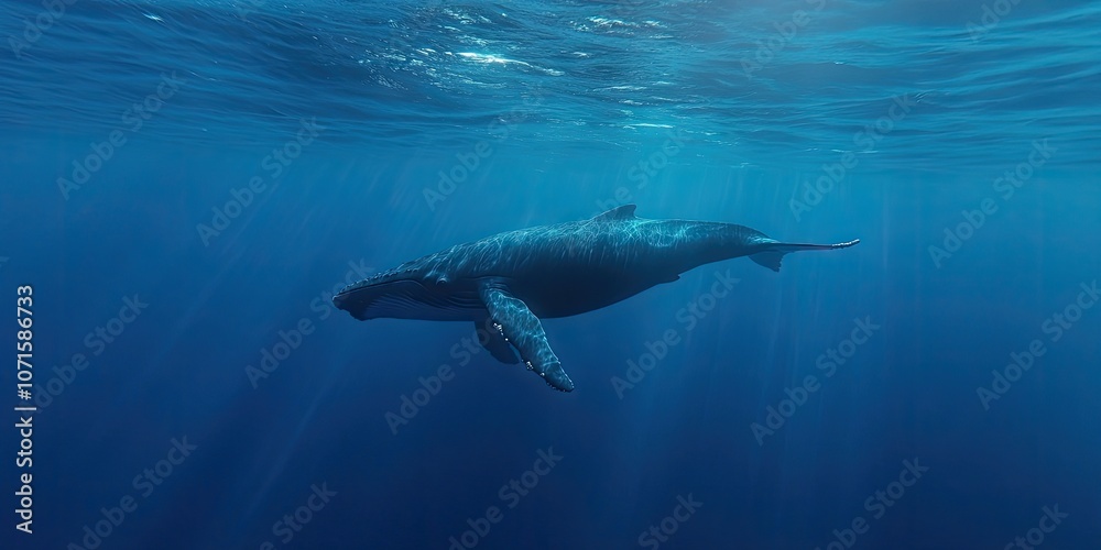 Obraz premium A magnificent whale swims effortlessly through the pristine, clear waters below the surface. This stunning display of deep sea exploration reveals the beauty of ocean life in awe inspiring moments.