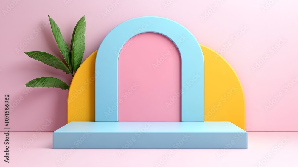 Pastel Arch Display Stand Summer Product Mockup Pink Yellow Blue Background