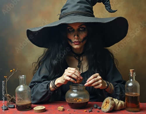 Witch making a potion. Myst...