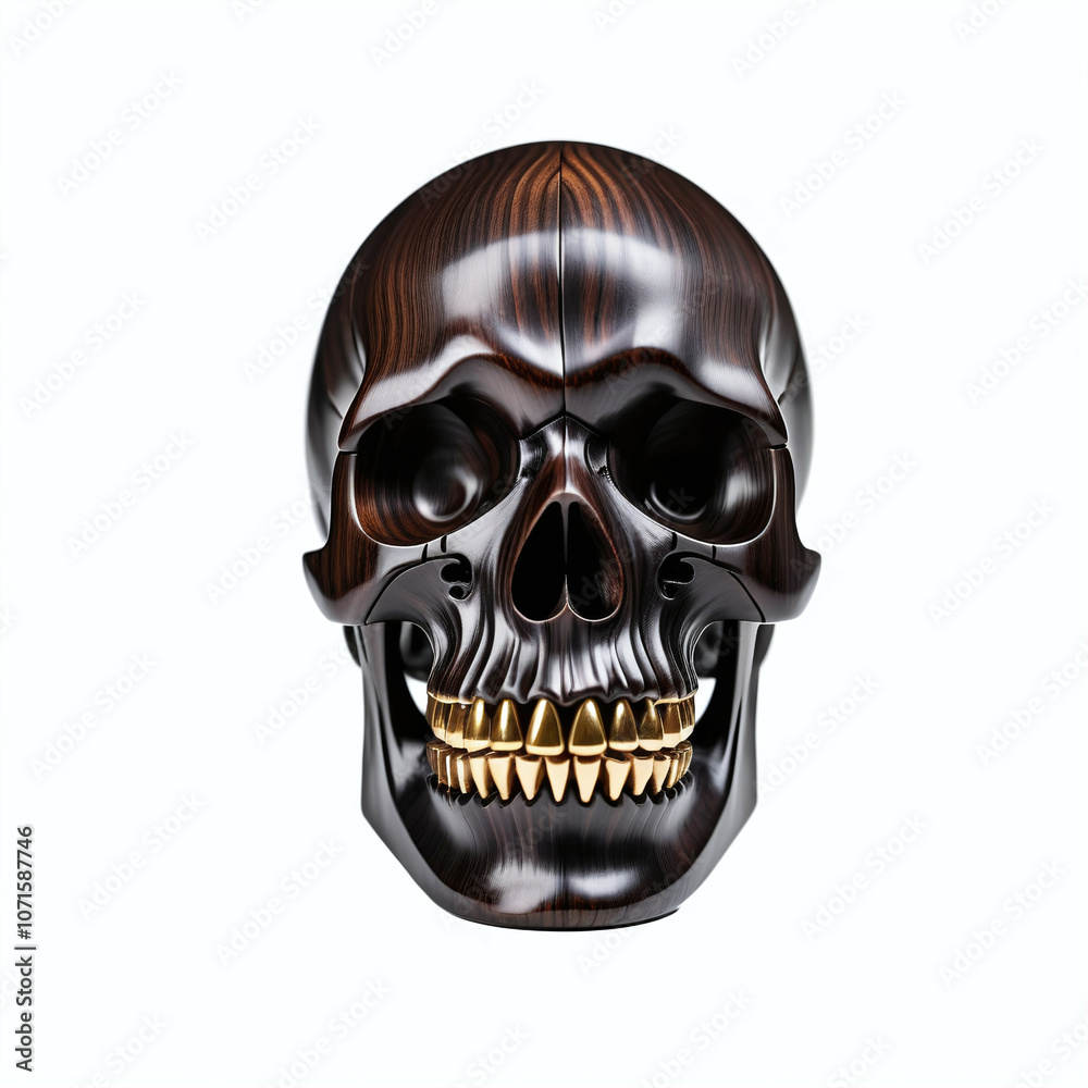 Fototapeta premium Skull made of mahogany wood. Isolated on white background. Front view, Digital illustration.