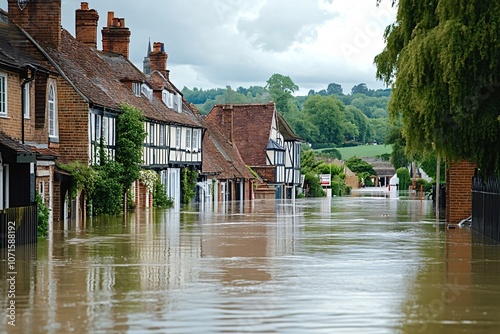 Residential uk street flooded by heavy rains, damaging homes and properties. Cloudy skies add to crisis, showing risk of climate change photo