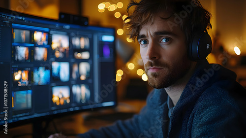 Man with Headphones Focused...