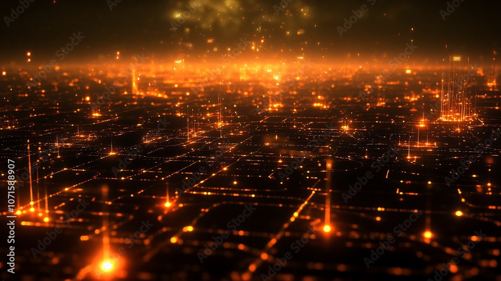 Fototapeta premium Futuristic data visualization with a network of illuminated nodes and links across a deep digital backdrop