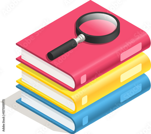 Magnifying glass is placed on top of a stack of colorful books, symbolizing the process of research and knowledge seeking