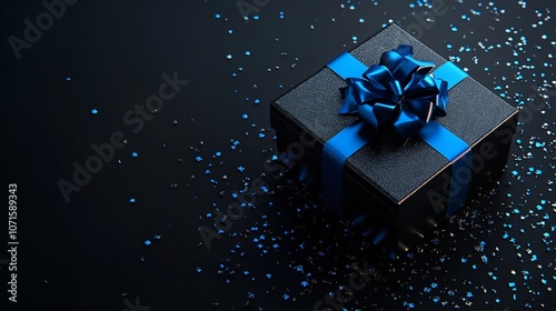 Black gift box with blue ribbon on dark background Black Friday photo