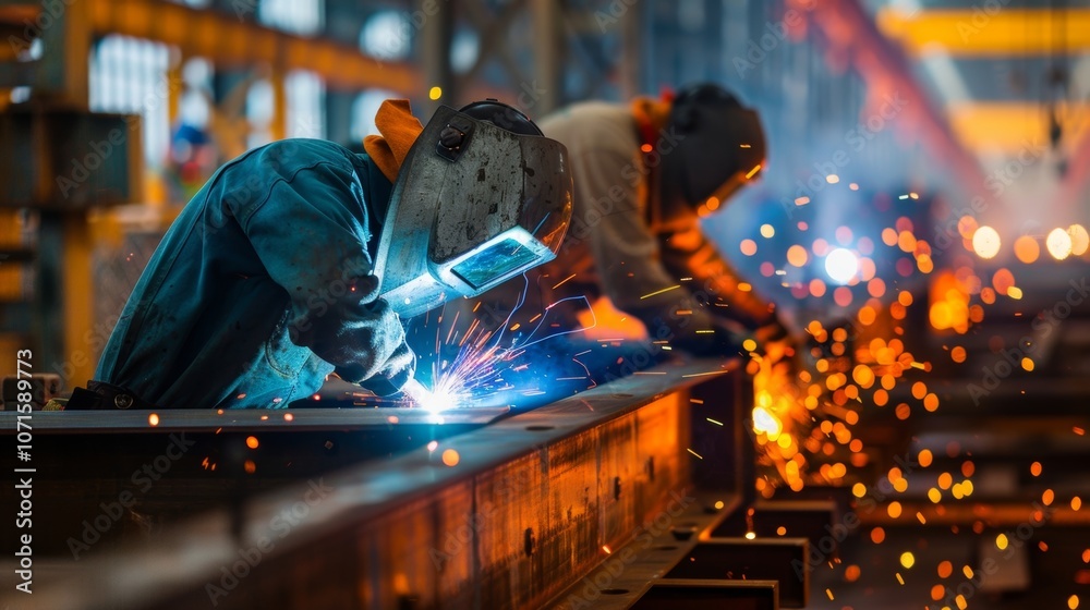 The rhythmic sound of welding can be heard as a row of welders work simultaneously fabricating large metal beams for a building frame. The rhythmic sound of welding can be heard as a row of welders work simultaneously fabricating large metal beams for a building frame.