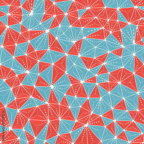 Abstract background with mosaic triangle shapes. Multiple repeated inner triangles. Compact triangle size. Multiple colors style. Seamless pattern. Creative vector tiles.
