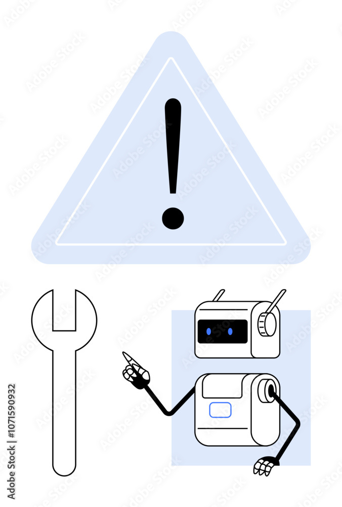Warning sign robot with finger point, and wrench tool. Ideal for alerts, cybersecurity, AI, innovation, robotics, repairs, and support. Line metaphor Warning sign robot with finger point, and wrench tool. Ideal for alerts, cybersecurity, AI, innovation, robotics, repairs, and support. Line metaphor