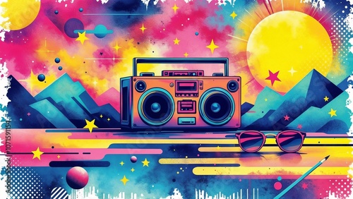 Vibrant retro boombox print with sunglasses against colorful cosmic background for disco theme