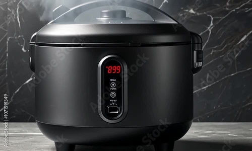 Simple rice cooker on black matte marble table