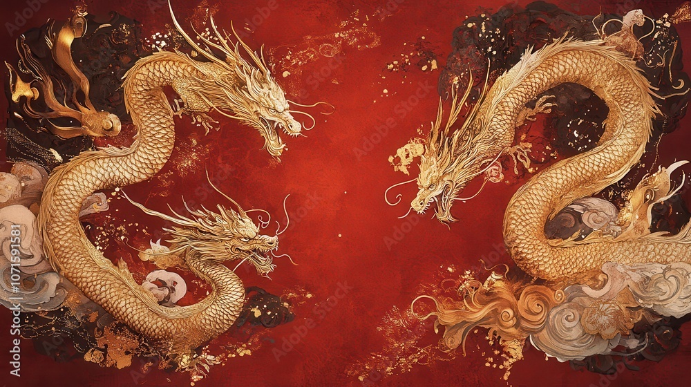 Fototapeta premium An ornate Chinese screen featuring gold dragons and phoenixes, with a rich red background and ample space to add a New Year greeting.