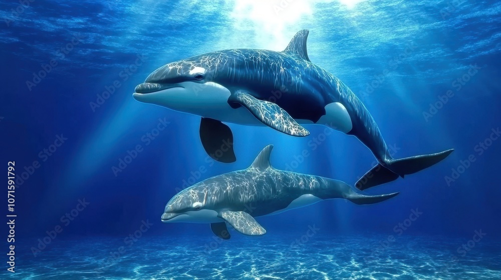 Fototapeta premium Orca family gliding through arctic waters, majestic and serene, representing the strong bonds of marine wildlife