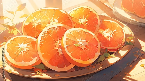 orange slices on the table, colorful anime style photo