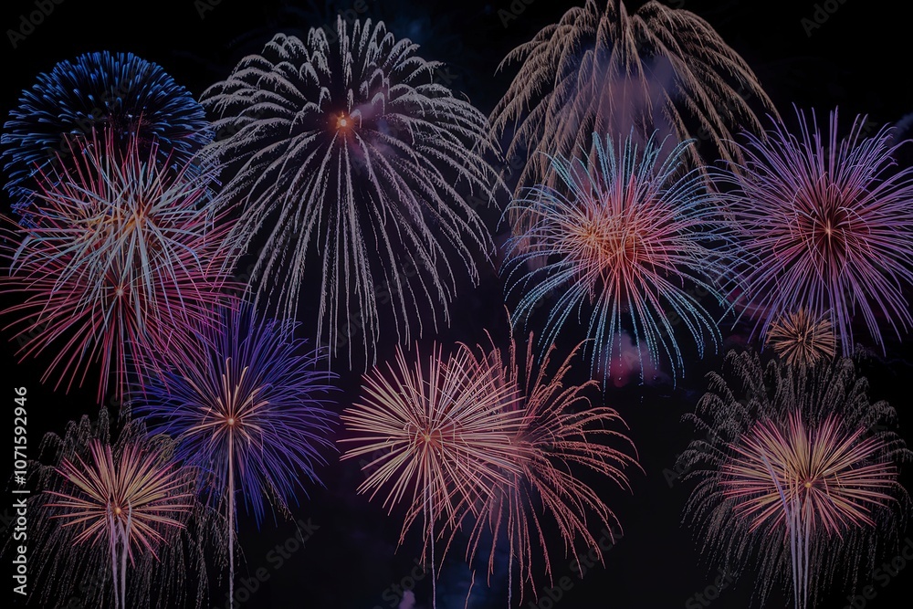 A photo of a vibrant display of fireworks against a white background A photo of a vibrant display of fireworks against a white background