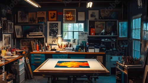 Wallpaper Mural Cozy Silk Screening Studio with Vibrant Colors and Scattered Art Supplies Torontodigital.ca