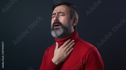 A middle-aged man, looking uncomfortable in a red turtleneck, clutches his sore throat, vividly expressing discomfort and the need for relief. photo