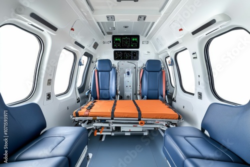 Medical helicopter interior with stretcher and seats.