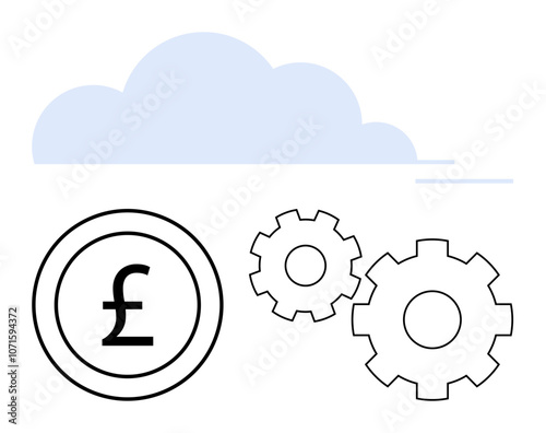 Pound currency sign within a circle accompanied by two mechanical gears, all set against a cloud backdrop. Ideal for finance, cloud computing, economic growth, digital currency, automation, business