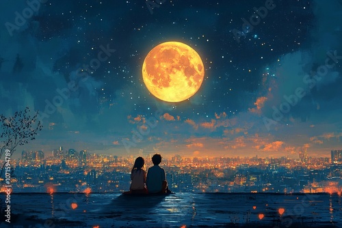 A boy and a girl are sitting on the roof, looking at the stars. The moon shines brightly above their heads, casting a soft glow on them as they gaze curiously into each other's eyes. 